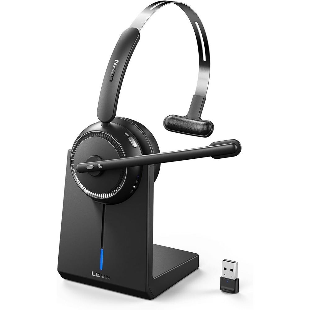 LEVN Bluetooth Wireless Headset Mic Charging Base USB Dongle Noise Cancelling